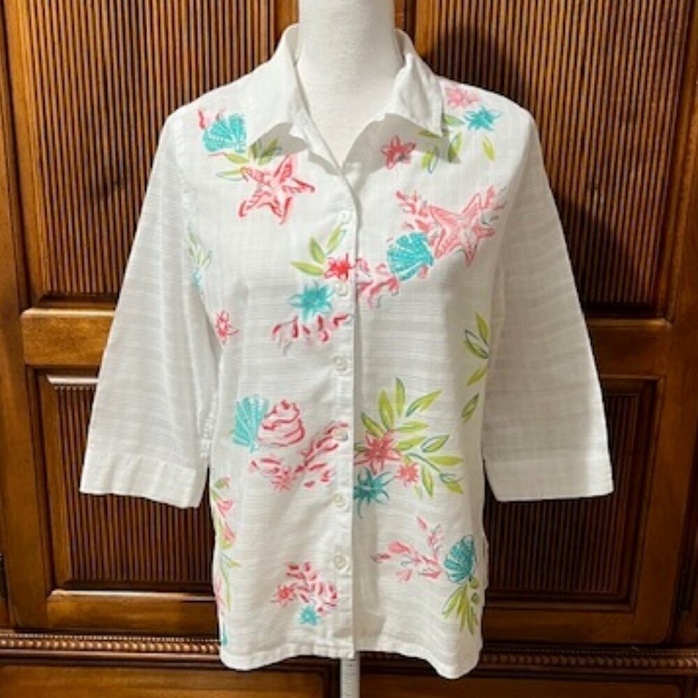Koret White Button Down Seashell Print Cotton Top Blouse 3/4 Sleeves Size M